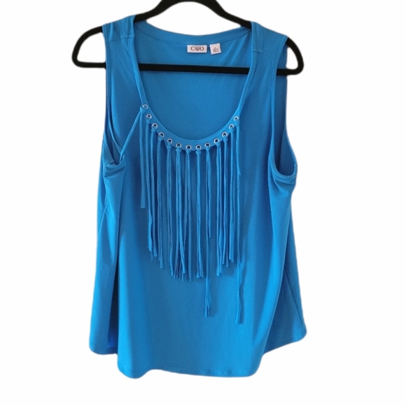 Cato Tops - Cato blue fringe sleeveless top.
